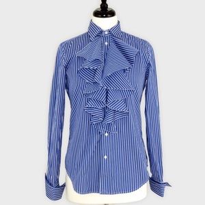 Ralph Lauren Blue White Striped Ruffled Front Button Down Shirt Size 6